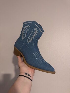Blue Western Embroidered Ankle Boot